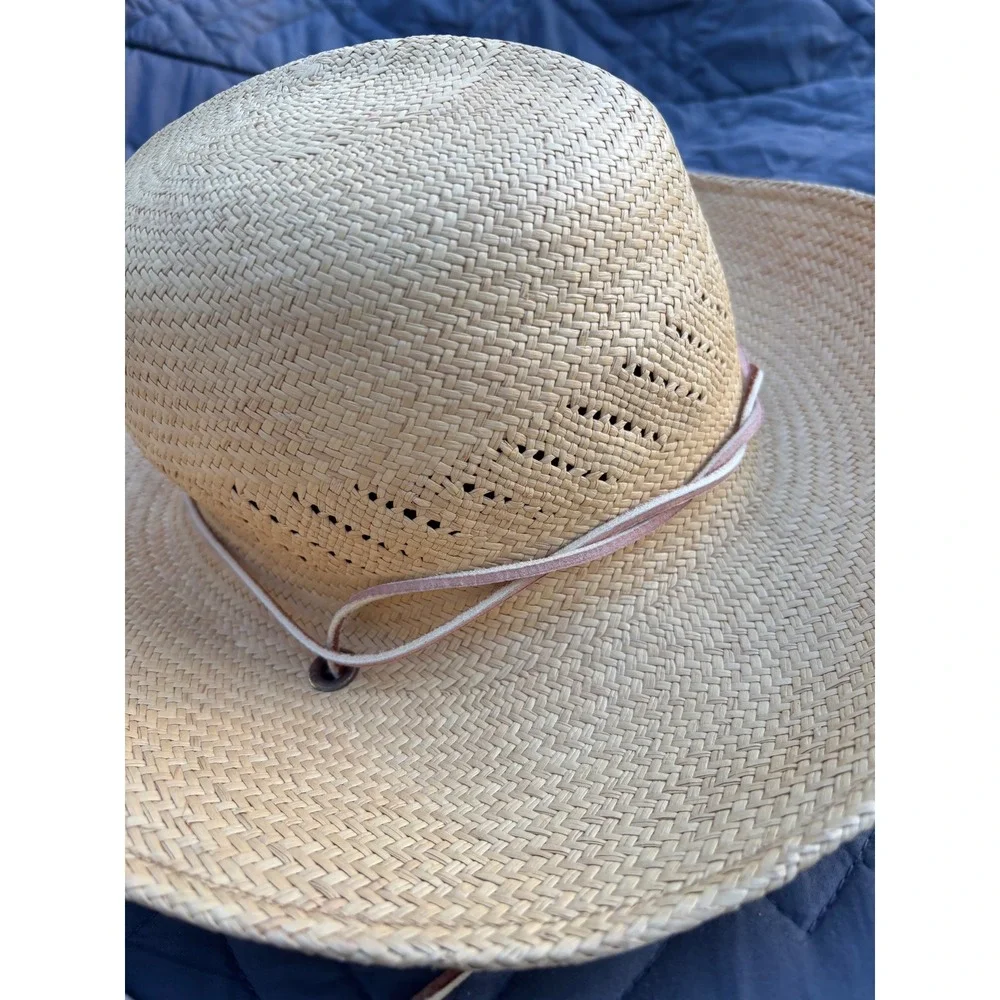 Open Crown Cowboy Hat Vintage SF Green Straw Natural Tan Woven Lightweight